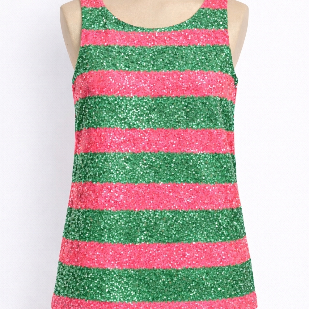 Lilly Pulitzer Pink Green Sequin Striped Tank Top Size M - Picture 2 of 9